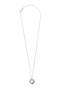 Silberne Halskette mit einem kreisförmigen Anhänger und ineinander verschlungenen Schlaufen, polierte Oberfläche und zarter Verschluss.