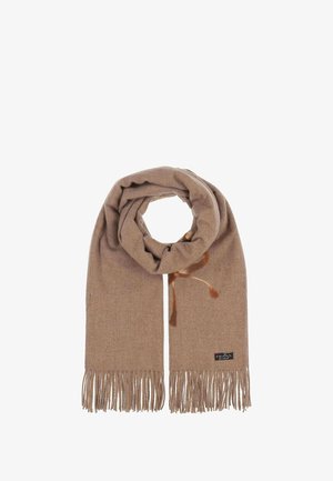 Brown woven scarf with fringe edges. Soft texture and sleek design, featuring a decorative tie detail and a brand label on one end.