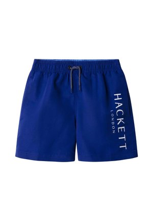 Blauwe zwemshorts gemaakt van lichtgewicht materiaal, voorzien van een elastische tailleband met trekkoord en witte branding aan de zijkant.