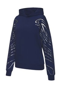 Navy blue hoodie with a front pocket, featuring metallic silver wavy patterns on the sleeves and a drawstring hood. Cotton blend material.