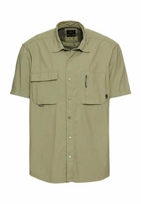 Koszula z krótkim rękawem, w kolorze khaki, zapinana na guziki, wykonana z lekkiego materiału. Posiada dwie duże przednie kieszenie oraz małą kieszeń na zamek na piersi.