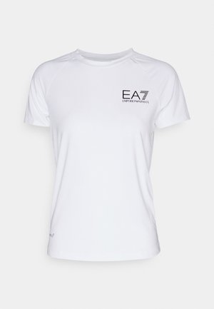 White short-sleeve t-shirt with a round neckline, featuring a black EA7 logo on the left chest and a smooth, breathable fabric texture.