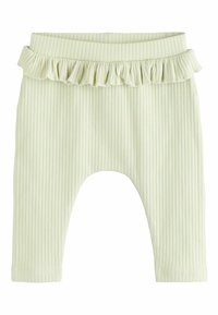 Lichtgroene geribde leggings met een gerimpelde tailleband. Zachte, rekbare stof, met een strakke pasvorm en taps toelopende benen.