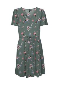 Robe florale en tissu vert avec des manches courtes, décolleté en V et taille cintrée. Présente des motifs de fleurs roses et bleues sur l'ensemble.