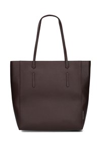 Bruine leren tote bag met stevige platte handvatten, een gestructureerd oppervlak, een open ontwerp en minimale hardware. Kenmerkt zich door strakke lijnen en een ruime binnenkant.