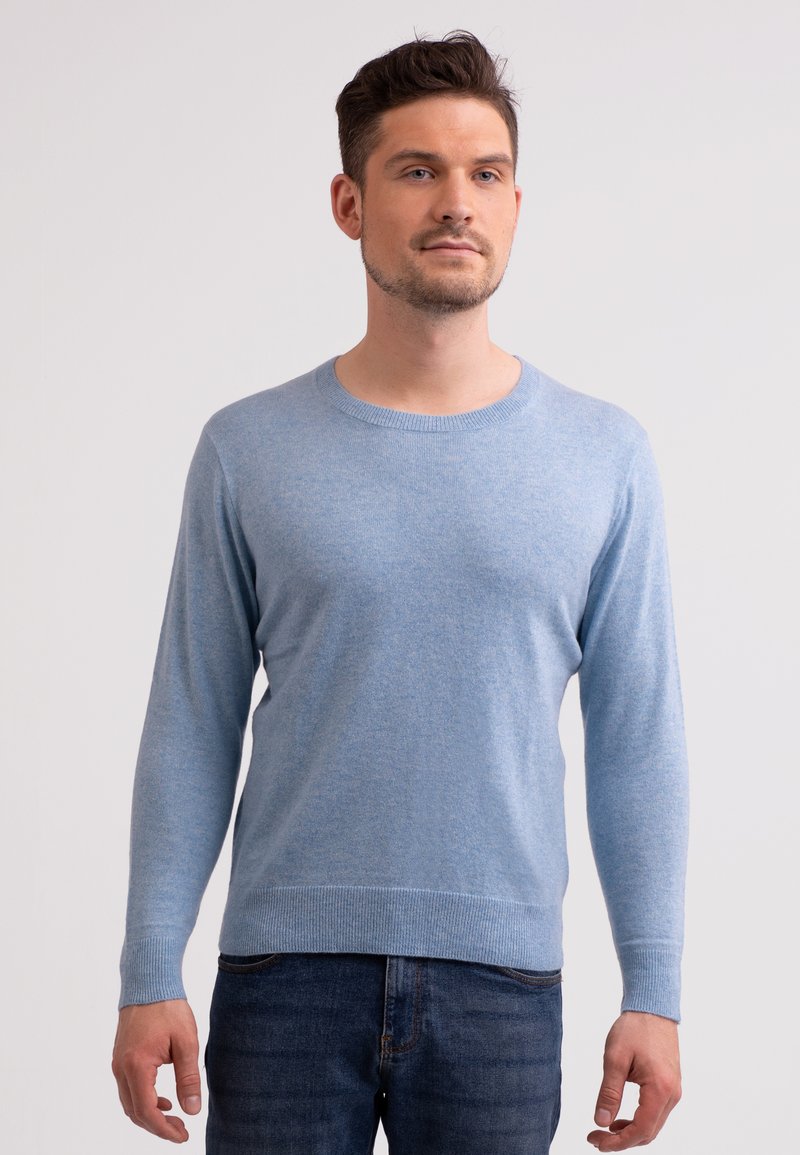 Ljusblå tröja i mjukt tyg, med rund halsringning, långa ärmar och ribbade muddar och fåll. Klassisk passform med en slät yta.