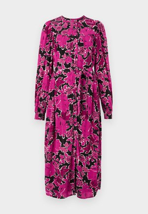 Floral dress with long sleeves and a round neckline, featuring a black background adorned with large pink flowers and a tied belt at the waist.