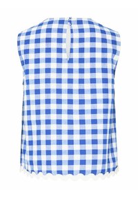Blå og hvit gingham ermeløs topp. Har en nøkkelhullsåpning bak og en bølget kant. Laget av et lett stoff.