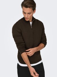 Brown zip-neck sweater with long sleeves, ribbed cuffs, and a textured knit. Worn over a white shirt and paired with dark pants.