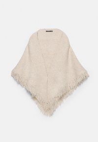 Beige poncho dibuat dari kain lembut, dengan desain leher berbentuk V dan tepi berbulu untuk menambah tekstur. Ideal untuk dipadukan dan memberikan kehangatan.