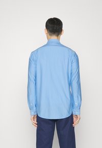 Camicia a maniche lunghe a righe blu chiaro con colletto classico e polsini con bottone, realizzata in tessuto morbido. Le righe sono di larghezze variabili.