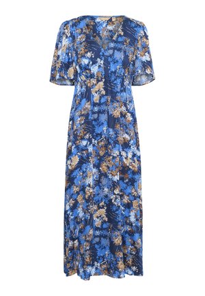 Květinové maxi šaty v modré, hnědé a krémové barvě. V- výstřih, krátké rukávy, volný střih, splývavá látka s různými květinovými vzory.