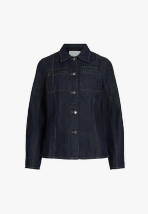 Tumši zili džinsi žakete ar garām piedurknēm, pogu aizdare priekšpusē, divām krūšu kabatām un kontrastējošām dzeltenām šuvēm.