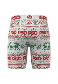 Boxer da uomo festivi bianchi con un motivo natalizio rosso e verde con renne, completati da un elastico in vita rosso con logo.