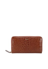 Brown crocodile-embossed leather wallet with a zip closure, featuring a logo accent and a textured surface. Slim and rectangular shape.