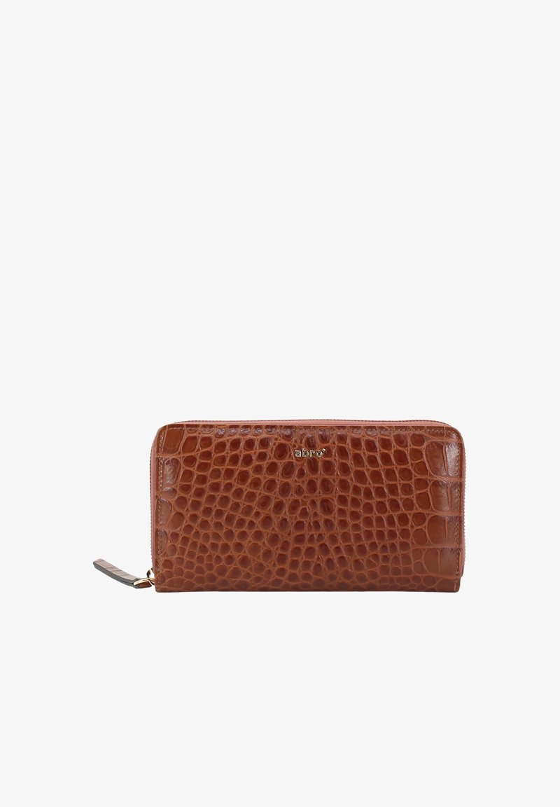 Brown crocodile-embossed leather wallet with a zip closure, featuring a logo accent and a textured surface. Slim and rectangular shape.