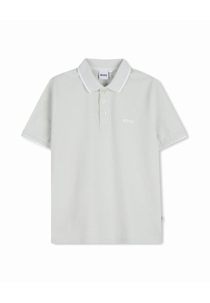 Polo à manches courtes gris clair avec trois boutons, logo BOSS blanc sur la poitrine et bordure blanche sur le col et les bords des manches.