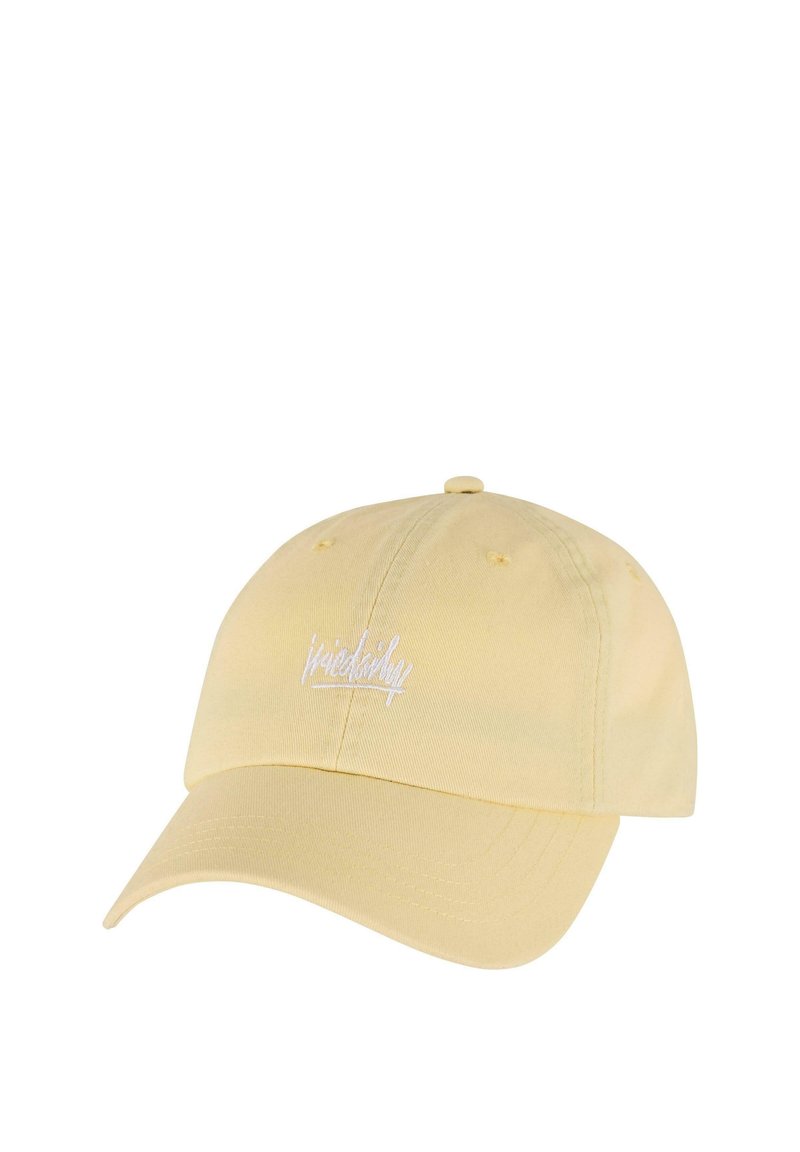 Cappellino da baseball in cotone giallo con visiera curva e testo ricamato bianco che dice "amicizia". Sei fori di ventilazione sulla corona.