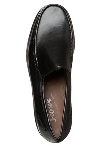 Schwarzer Leder Slipper mit runder Zehenpartie, glatter Oberfläche und kontrastierenden Nähten. Das Innere verfügt über perforierte Details für Atmungsaktivität.