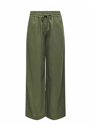 Green wide-leg trousers made of lightweight fabric with an elastic waistband and drawstring. Features a smooth texture and simple design.
