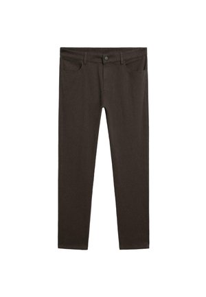 Dark brown slim-fit jeans made from soft denim. Features five pockets, a single button closure, and subtle stitching along the seams.