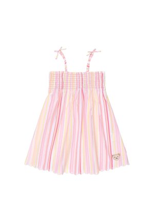 Striped sleeveless dress in pink, yellow, and white with gathered bodice and bear patch detail. Smooth cotton fabric, knee-length skirt.
