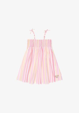 Różowa, żółta i biała, paskowana sukienka bez rękawów z marszczonym bodicem i detalem w postaci naszywki misia. Gładki bawełniany materiał, spódnica do kolan.