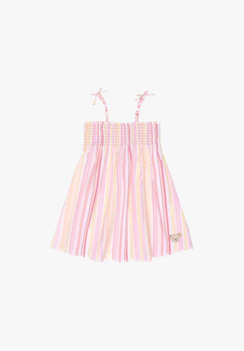 Robe sans manches rayée en rose, jaune et blanc avec un corsage froncé et un patch en forme d'ours. Tissu en coton doux, jupe mi-longue.