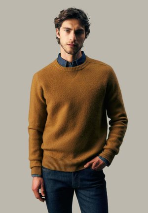 Junger Mann mit dunklen Haaren, der einen senffarbenen Pullover über einem blauen Hemd mit Knöpfen und dunkle Jeans vor einfachem Hintergrund trägt.