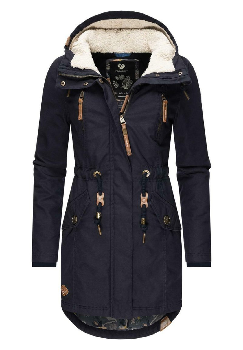 Navy parka jacket with a faux fur-lined hood and interior. Features drawstring waist, two front pockets, and zippered detail with tan accents.