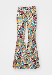 Pantaloni a zampa d'elefante realizzati in tessuto con un motivo a spirale colorato nei toni di rosso, blu, arancione e giallo, con una cintura con bottone.