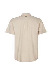 Korte mouwen beige overhemd met knopen, gemaakt van een lichte stof, met een rugplooi en een klein label bij de hals.
