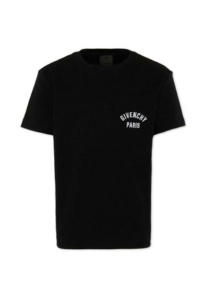 T-shirt nera a maniche corte con taschino sul petto recante la scritta bianca "GIVENCHY PARIS" stampata sopra.