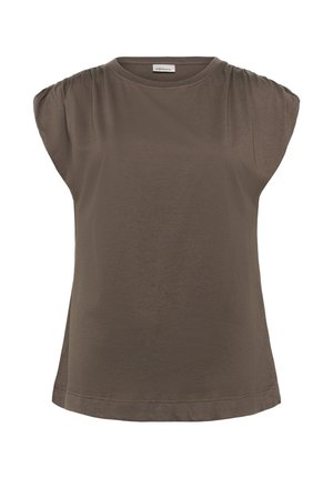 Hnědý krátký rukáv top s nařasenými ramenními švy, kulatým výstřihem a volným střihem. Vyrobeno z měkké tkaniny s hladkou strukturou.