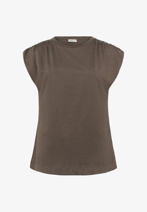 Hnědý krátký rukáv top s nařasenými ramenními švy, kulatým výstřihem a volným střihem. Vyrobeno z měkké tkaniny s hladkou strukturou.