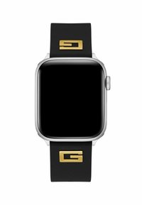Reloj inteligente de silicona negra con caja plateada, cara cuadrada y detalles en dorado en la correa. La pantalla está en blanco.