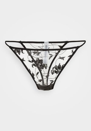 Sort blondedragt med blomsterbroderi og en gennemsigtig design. Den har slanke stropper og en minimal dækning, med en glat talje.