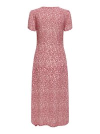 Robe midi rouge à manches courtes avec motif de points blancs irréguliers, présentée sur un fond blanc.