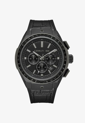 Svart kronografklocka med en texturerad läderrem, klockhus i rostfritt stål, tre subdials och självlysande visare. Cirkulär bezel med markeringar.