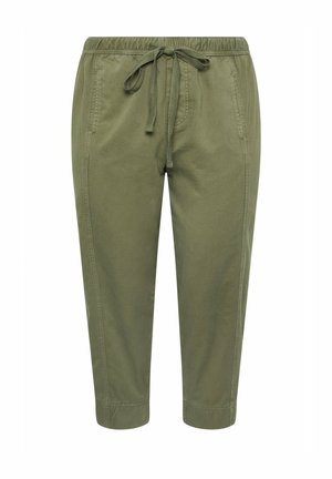 Olivengrønne kortere bukser med elastisk taljebånd og justerbar snøre, med sidelommer og syninger som detaljer.