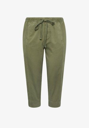 Oliwkowe spodnie capri z elastycznym pasem i regulowanym sznurkiem, wyposażone w boczne kieszenie i przeszycia dekoracyjne.