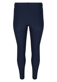 Marineblauwe leggings met een aansluitend ontwerp, een elastische tailleband en een gladde textuur, die taps toelopen bij de enkels zonder verdere versieringen.