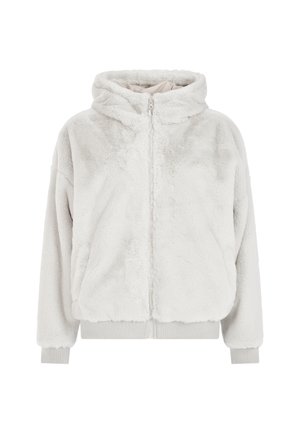 Sudadera con cremallera de pelo sintético en gris claro, con capucha, bolsillos laterales y puños y dobladillo acanalados. Textura suave con un acabado esponjoso.