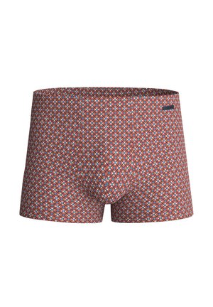 Boxershorts mit geometrischem Muster in Orange, Blau und Weiß. Hergestellt aus weichem Stoff, mit einem elastischen Bund und ohne sichtbare Nähte.