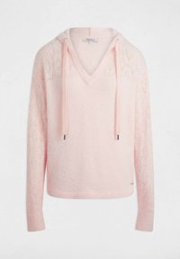 Felpa con cappuccio rosa lavorata a maglia con scollo a V, motivo a rombi traforato sulle maniche, dettagli con coulisse e tessuto morbido.
