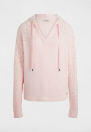 Pull à capuche rose en maille avec encolure en V, motif losange en dentelle sur les manches, cordons de serrage et texture douce.