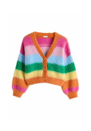 Fuzzy cropped cardigan with V-neck and buttons, featuring horizontal stripes in orange, pink, light blue, green, and yellow.
