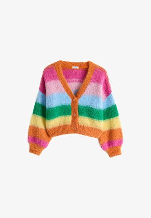 Fuzzy cropped cardigan with V-neck and buttons, featuring horizontal stripes in orange, pink, light blue, green, and yellow.