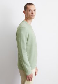 Hellgrüner Strickpullover mit langen Ärmeln und rundem Halsausschnitt, ausgestattet mit einem strukturierten Muster und einem lockeren Schnitt. Kombiniert mit hellbeigen Hosen.