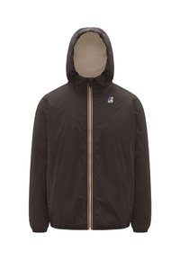 Giacca a vento marrone con cappuccio, dotata di una cerniera frontale con dettagli gialli e tasche laterali. Tessuto leggero con una texture liscia.